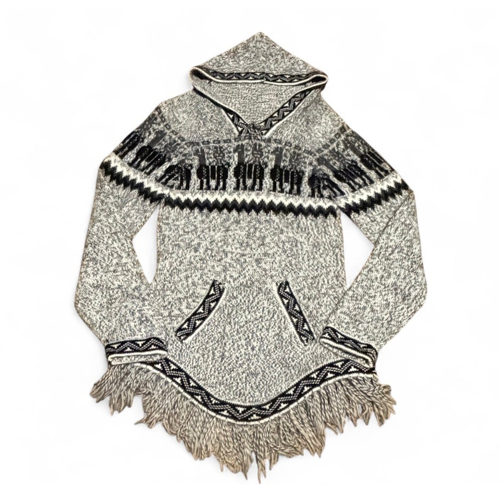 Vintage Sisandina Alpaca Llama Hooded Sweater Fringe Peru Gray Black Boho